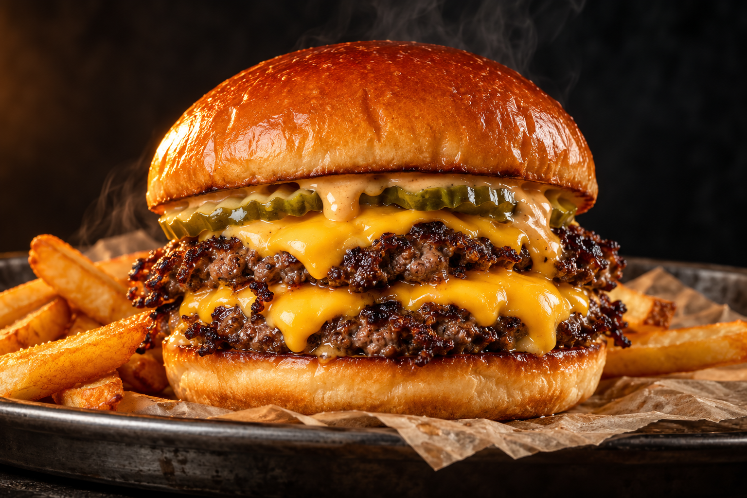 Smash cheeseburger with golden fries